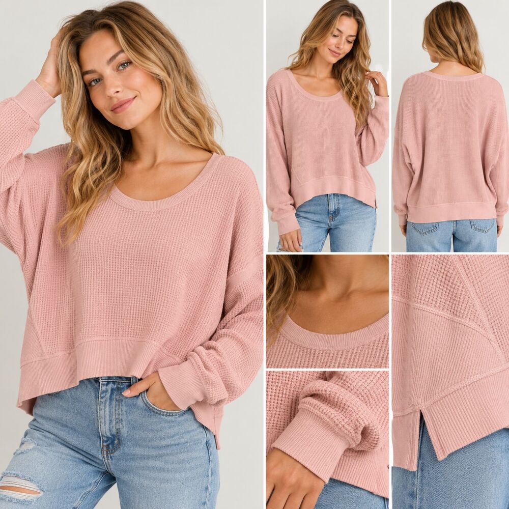 OFFLINE by Aerie Women's Pink Waffle Knit Oversized Cropped Pullover – Size M